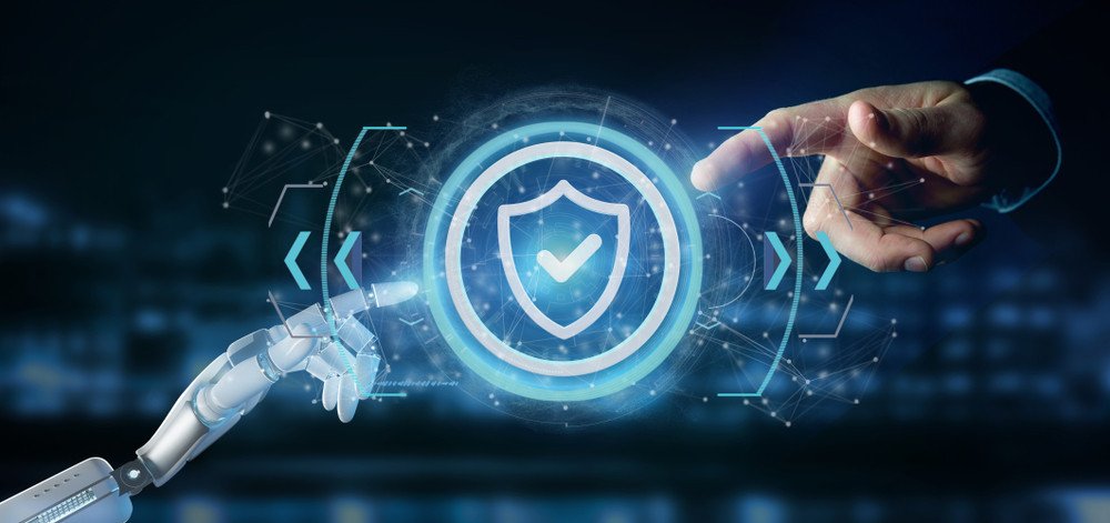AI cybersecurity shield protecting digital systems with human and robotic technology